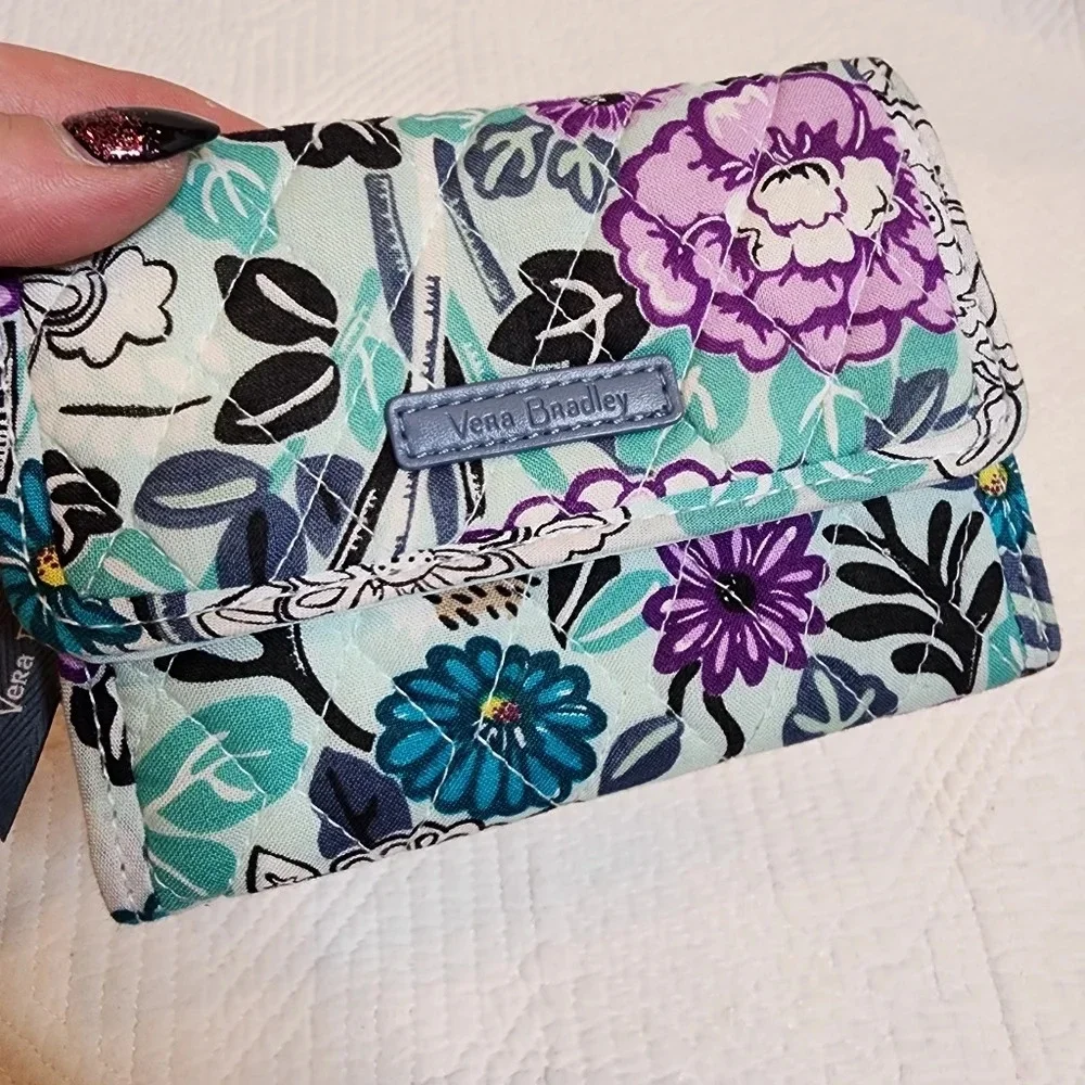 Vera Bradley Penelope's Garden tri-fold‎ wallet. Blue green purple floral.